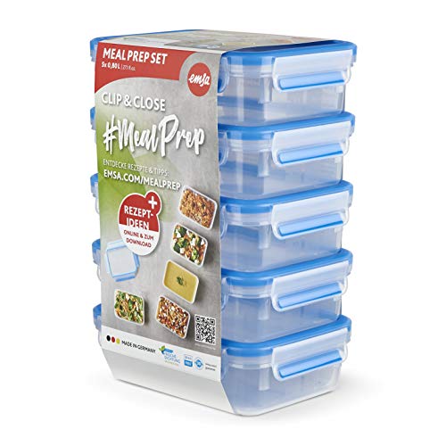 EMSA Clip & Close Frischhaltedosen-Set, rechteckig, 5 X 0,8 L, Aufbewahrungsboxen, 100 Prozent dicht, spülmaschinen-, gefrier-, mikrowellenfest, Transparent, Blau, Made in Germany, N10307