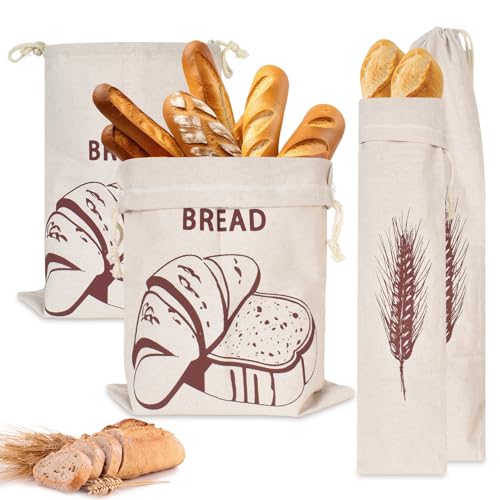 Rylae 4 Piezas Bolsas de Pan Lino con Cordón, Bolsa Pan Tela para Colgar, Bolsa de Almacenamiento Reutilizables para Tostadas, Baguettes, Frutas, Verduras, 15 x 65cm y 30 x 40cm