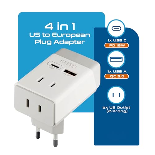 Image of Ceptics 2 Pack European Travel Plug Adapter, US to Europe Plug Adapter, 18W PD-QC 3.0, Dual USB & USB-C - 2 USA Socket - Compact - Use in Greece Italy Turkey Portugal - Type C Fast Charging (2-Pack)