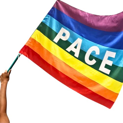 Bandiera della Pace 60 x 90 cm - con Passante per Asta - Bandiera Arcobaleno con Scritta "PACE" - Bandiera Gay Pride, Lbgtq, Accessori Pride, Bandiera della Pace