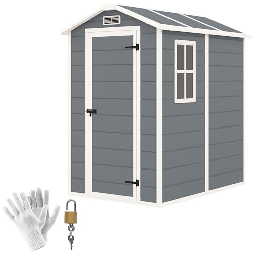 Outsunny 4 x 6ft Garden Shed, Plastic Shed with Floor, Window, Lockable Door and Vents, Resin Tool Shed for Outdoor Patio Storage, Zero Maintenance, Grey
