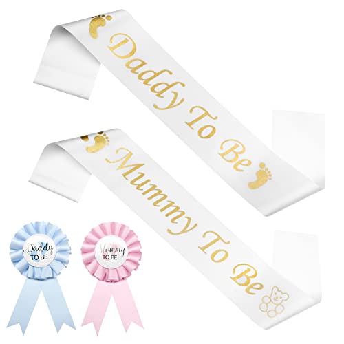 Mummy to Be Schärpe Daddy to be Schärpe Daddy und Mom to Be Abzeichen Mommy to be button Daddy to be button Baby Shower Button Baby Dusche Party Feier Baby Willkommensparty 4 Stück Cover