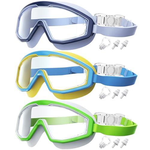 QALLY Kids Goggles Age 4-16 Anti-Fog UV 180Clear View Kids Swim Goggles 3 Pack Swimming Goggles Waterproof Pool Goggles for Boys Girls Toddler Kids Youth