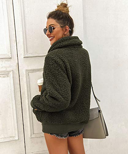 ZESICA Women's Turtleneck Long Sleeve Oblique Zipper Fuzzy Fleece Pullover Casual Loose Sweatshirt Coat with Pockets Green