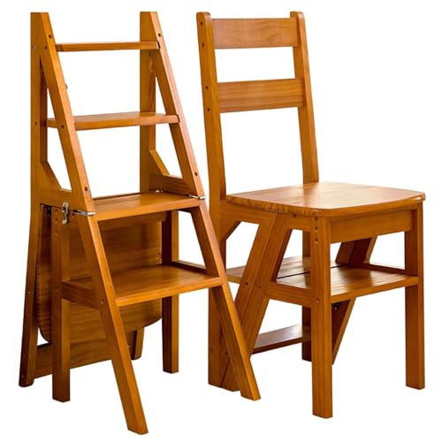 4 Tier Folding Step Ladder 3-in-1 Wooden Folding Ladder Chair Portable Multi-Function Step Stool 198 lbs Capacity Indoor and Outdoor Display Rack Flower Rack for Library Home Kitchen (Light Walnut)