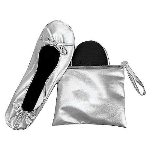 JJ PRIME Ballerina dobrável para saco, sapatos de festa confortáveis - após sapatos de festa com bolsa dobrável, PRATEADO, 38 UE