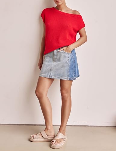 Image of Lviefent Womens Off Shoulder Sweater Y2K Short Sleeve Ribbed Knit Pullover Date Night Top Blouse (Red-S)