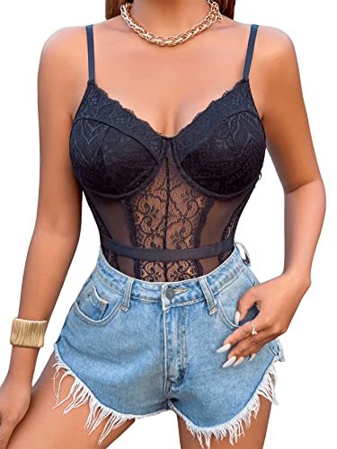 GORGLITTER Damen Body Spitzen Bodysuit Transparenter Spitzenbody Bustier...
