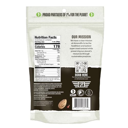 Image of AlmondRx | Heart Healthy Skinless Lightly Salted California Almond Snack Packs | Fortified with Vitamin D | Plant Protein | Keto | Vegan | No Sugar Added (6 Ounce (Pack of 1), 5 Pepper Blend)