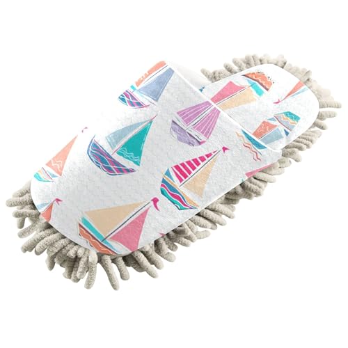 Kigai Colorful Sailboats Mop Slippers for Floor Cleaning, Slippers for Women Men, Microfiber Floor Cleaning, L