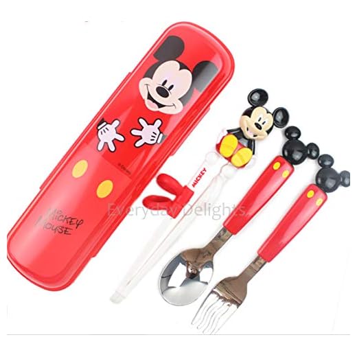 Disney 3D Little Kid Mickey Flatware Tableware Cutlery Utensil Set for Right-handed Kids Children – Stainless Steel Fork Spoon Training Chopsticks Portable Case, 4 pieces