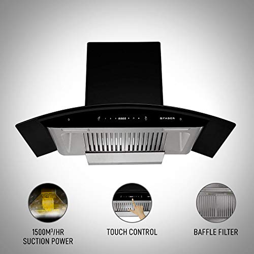 Image of Faber 90 cm 1500 m /hr Auto-Clean curved glass Kitchen Chimney (HOOD PRIMUS PLUS ENERGY TC SC HC BK-N 90, 2 Baffle Filters, Touch Control, Black)