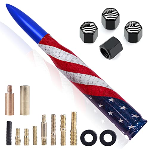 Image of Car Truck Antenna with Valve Stem Caps - American Flag Design 5.5 Inch for GMC Chevy Silverado Dodge RAM 1500 2500 3500 Ford F150 F250 F350 Truck Accessories - Stubby Antenna Replacement (Blue)