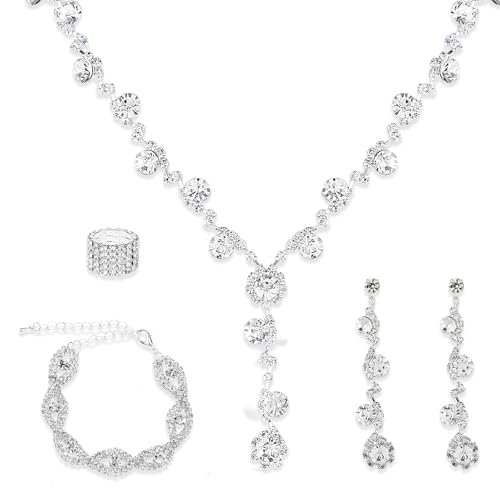 Telooco Strass Hochzeitsschmuck Kristall Hochzeit Brautschmuck Damen Halskette Armband Ohrringe Schmuckset Strass Kristall Hochzeit Schmuck für Braut Brautjungfern Party Abschlussball Modeschmuck