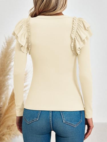 Image of Tankaneo Womens Ruffle Long Sleeve Shirts Fitted Ribbed Knit Tops Fall Casual Crew Neck Tees