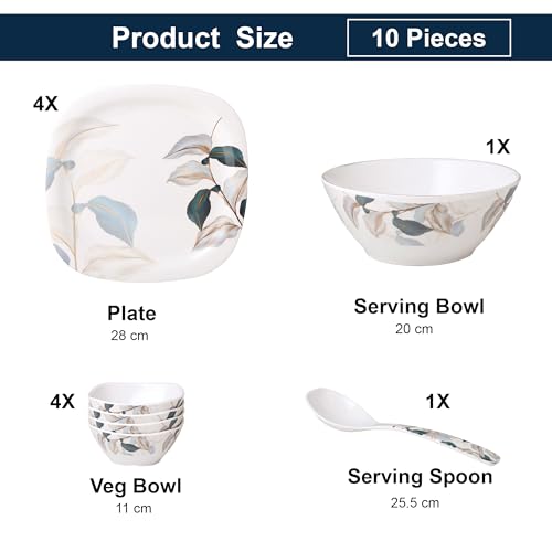 Image of Golden Fish 10 Pcs Dining Set with Serving Bowl & Spoon | 4 Full Plates, 4 Veg Bowls, 1 Donga & 1 Serving Spoon | Clean Table Setup Dinnerware for Home Use, Daily Meals & Gifting