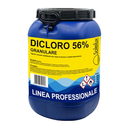 SOLEILUX Dicloro Cloro Granulare 56% Rapido per Piscina - 25 kg, Dicloro Stabilizzato a Rapida Dissoluzione per Trattamento Shock, Mantenimento, Iperclorazione, Pulizia ed Igiene dell'Acqua di Piscine