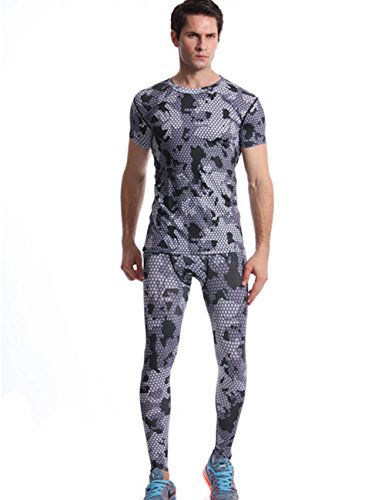 1Bests Camisetas masculinas de compressão de secagem rápida com camuflagem e manga curta, Grade cinz