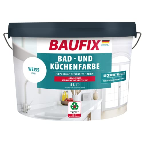 BAUFIX Bad- und Küchenfarbe, 5 Liter, Badfarbe weiß antischimmel, Küchenfarbe abwaschbar, atmungsaktive Farbe für Bad/Küche/WC