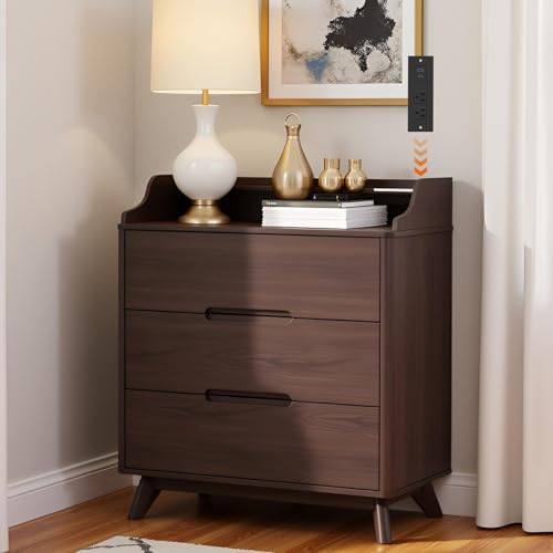 Image of 3 Drawer Dressers for Bedroom, 32" Large Wood Storage Dresser & Chest of Drawers with Charging Station, Wide Modern Dressers with 3 Drawer Storage Organizer for Bedroom Living Room Closet Brown