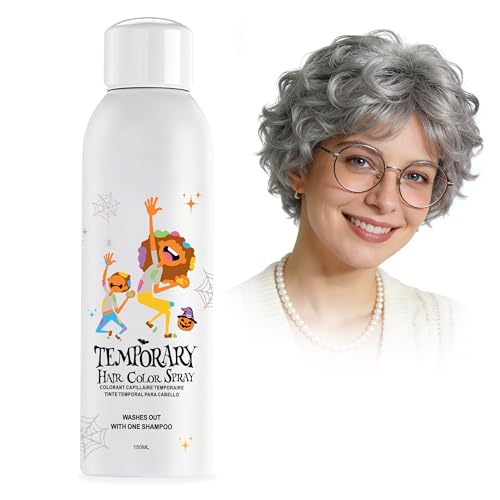 Amzsudy Gray Temporary Hair Color Spray for Girls Boys, Grey Instant Colored Hair Dye Alternative for Teens Women Men, Disposable Washable, Quick Styling for Party Christmas Halloween, 150ml