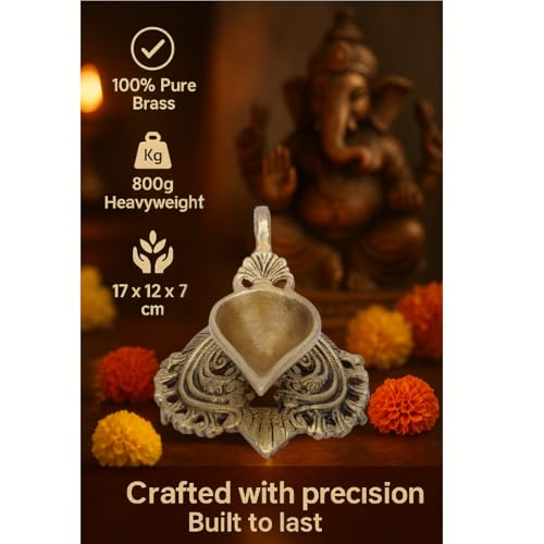 Image of Heavy Brass Diya for Temple | 100% Pure Brass Oil Lamp | Large Handcrafted Pooja Deepak with Antique Finish | Golden Yellow Indian Deepam for Home Mandir & Festive Decoration