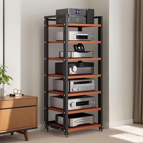OVZXSD 7-tier Av Media Stand Audio Rack With Adjustable Shelves Stereo Racks And Stands With Wheels Stereo Rack For Home Office Theater(A)