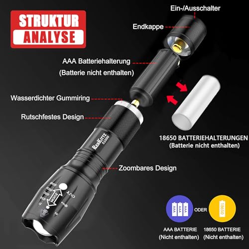 REHKITTZ Taschenlampe, Extrem Hell Tragbare Handlampe 2 Stück, 2000 Lumen, Wandern Camping Taschenlampe LED, Taktische Taschenlampe Outdoor Aluminium Alloy Material Mit 5 Licht Modi und Zoom – Bild 5