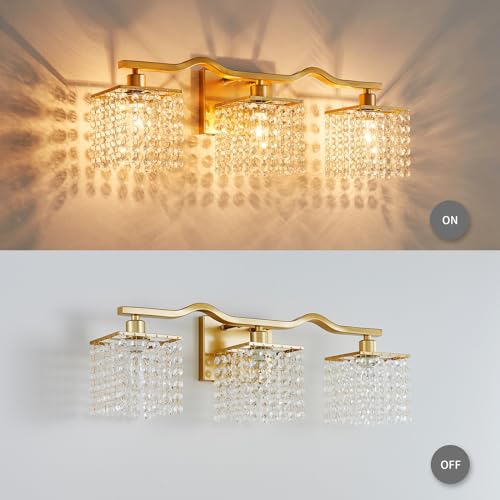 Image of WUZUPS 3-Light Bathroom Light Fixture Over Mirror Morden Vanity Wall Sconces Light Clear Crystal Drop for Bedroom Living Room, E12 Base, Gold
