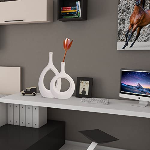 Ceranee White Hollow Vase Set Of 2, Oval Vases For Centerpieces Decor, Frosted Geometric Ceramic Flowers Vase With Hole In Center For Home Décor Office Decoration Figurines Ornament, 1St Gen #TOP6