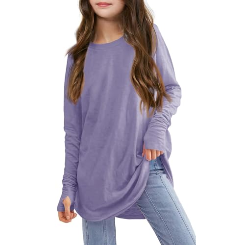 Girls Thumb Holes Long Sleeve Shirts Kids Crewneck Curve Hem Side Slit Soft Tunic Tops Teens (Purple, 9-10 Years)
