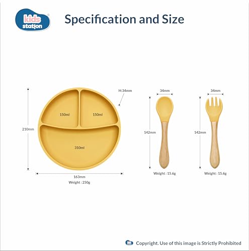 Image of Kids Station 3 Piece BPA-Free Silicone Baby Feeding Set - Baby Plate - Spoon and Bowl - Make Mealtime Fun - Microwave Safe - Unbreakable Eco-Friendly - Organic & Natural (Plate (Set of 3), Yellow)