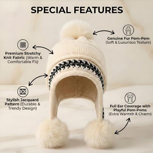 Image of Kraptick Children's Winter Cap: Velvet Thick Warm Woolen Knit Hat with Ear Protection for Children Stylish Korean Beanie with Long Pompom Ears & Fleece Lining Perfect for Winter -4