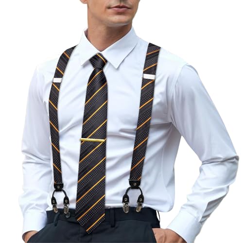 Image of Hi-Tie Men's Suspenders and Tie Set Silk Adjustable Elastic Y Braces with Strong 6 Clips Pocket Square Set