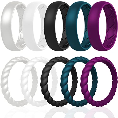 Saco Band Silicone Ring Wedding Band For Women - 10 Pack Ring Set (White, Black, Pearl Silver A, Dark Teal B, Purple 2613 - Size 6.5-7 (17.35Mm)) #TOP6