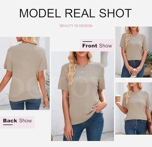 Dokotoo Womens Summer Tops Dressy Casual Crewneck Short Sleeve Shirts Solid Hollow Out Knit Loose Sweater Blouses