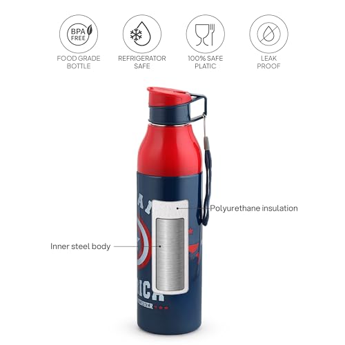 Image of CELLO Puro Steel-X Legend 600 Insulated Water Bottle 600 ml, Blue | 3D Touch & Feel Super Heroes Design, Lightweight Leakproof Easy Sip Flip Cap Insulated Water Bottle for School Kids Office & Travel