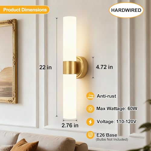Image of Hardwired Wall Sconces Set of Two, Modern Bathroom Sconces Wall Lighting with Milky White Glass, Brushed Gold Sconces Wall Decor Set of 2 for Bathroom Mirror Bedroom Living Room Hallway