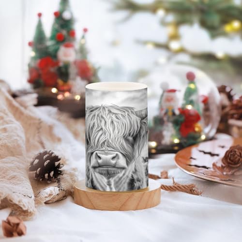 Image of Grey White Highland Cow Pattern Flickering Flameless Candles LED Battery Operated with Remote Timer Pillar Candles for Home Birthday Wedding Christmas Decor, Set of 2