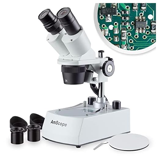 AmScope SE306R-PZ-LED Forward-Mounted Binocular Stereo Microscope, WF10x and WF20x Eyepieces, 20X/40X/80X Magnification, 2X and 4X Objectives, Upper and Lower LED Lighting, Reversible Black/White Stage Plate, Pillar Stand, 120V or Battery-Powered