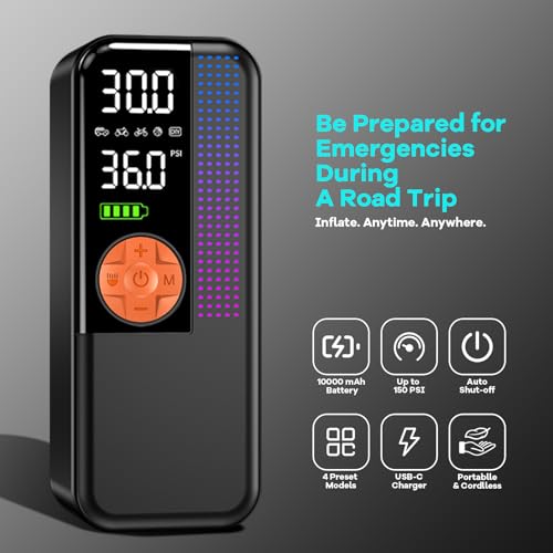 Image of WEOLULI Tire Inflator Portable Air Compressor,150 PSI Cordless Air Pump, 12V DC Car Plug,Dual Power 10000mAh, Fast Inflation 24L /Min, 4 Preset Modes for Car, Bike, Motorcycle, Balls(Orange, 10000mAh)