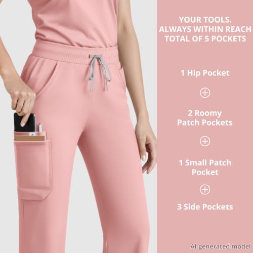 Image of Women's 7-Pocket Scrub Pants - Straight Leg, Mid-Rise, Drawstring | Soft stretch knit Mid-rise drawstring Side slits Wrinkle-resistant Machine washable For nurses /doctors /vets