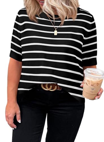 Image of Eytino Women Plus Size Sweater Tops Short Sleeve Crewneck Striped Tshirts Casual Summer Blouses Shirts(1X-5X)