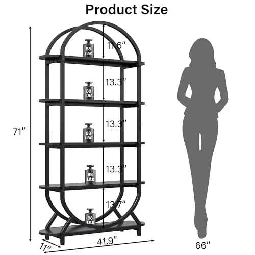 Image of Jehiatek Arched Bookshelf Bookcase, 71 Inches Tall Industrial Book Shelf with Sturdy Metal Frame, E1 Quality Boards, Freestanding Display Shelving Unit, Black