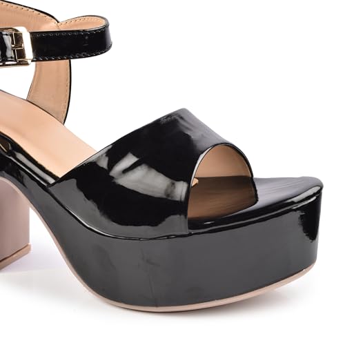 Image of Women's Platform Heels Signora101|Chunky Flared High Heel Sandals |Glossy Open Toe with Ankle Strap Signora101