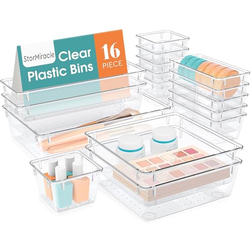 16 PCS Drawer Organizer Set, 5 Varied Size Bathroom and kitchen Drawer cabinet organizer Trays, Clear Storage Bins for Makeup, Jewelry, Utensils and Gadgets