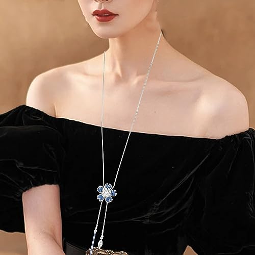 HSQYJ Elegant Crystal Flower Pendant Necklace Pretty Rhinestone Floral Adjustable Long Sweater Necklace Fashion Jewelry for Women Gift(Blue Flower 1) by HSQYJ - Used condition - Image 4