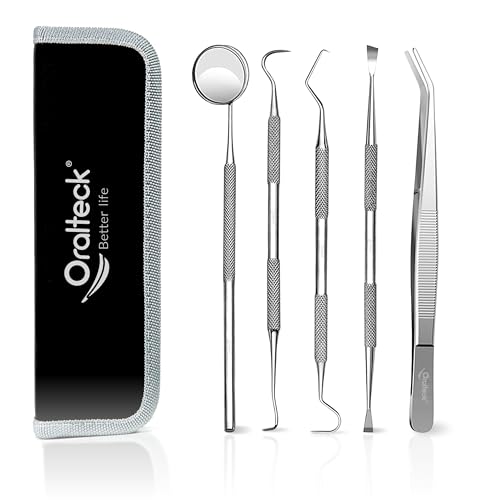 Kit de limpieza e higiene dental de acero inoxidable alemán premium, limpiador de placa, removedor de sarro, 5 instrumentos de cuidado bucal, con estuche, apto para Adultos niños y mascotas (Negro)