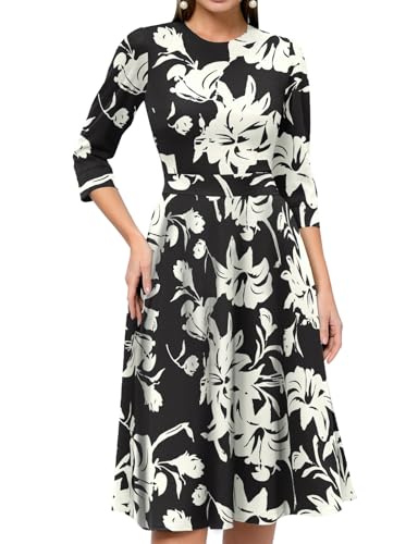 Image of Simple Flavor Women's Floral Vintage Dress Elegant Midi Evening Dress 3 /4 Sleeves
