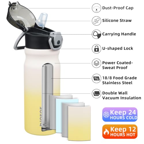 Image of BJPKPK 18 oz Water Bottle with Straw & Handle, Insulated Stainless Flask | Leak Proof Locking Lid, Thermal, Double Wall Vacuum, Keeps Hot /Cold, BPA Free, Dishwasher Safe, Travel & Sports, Lemon